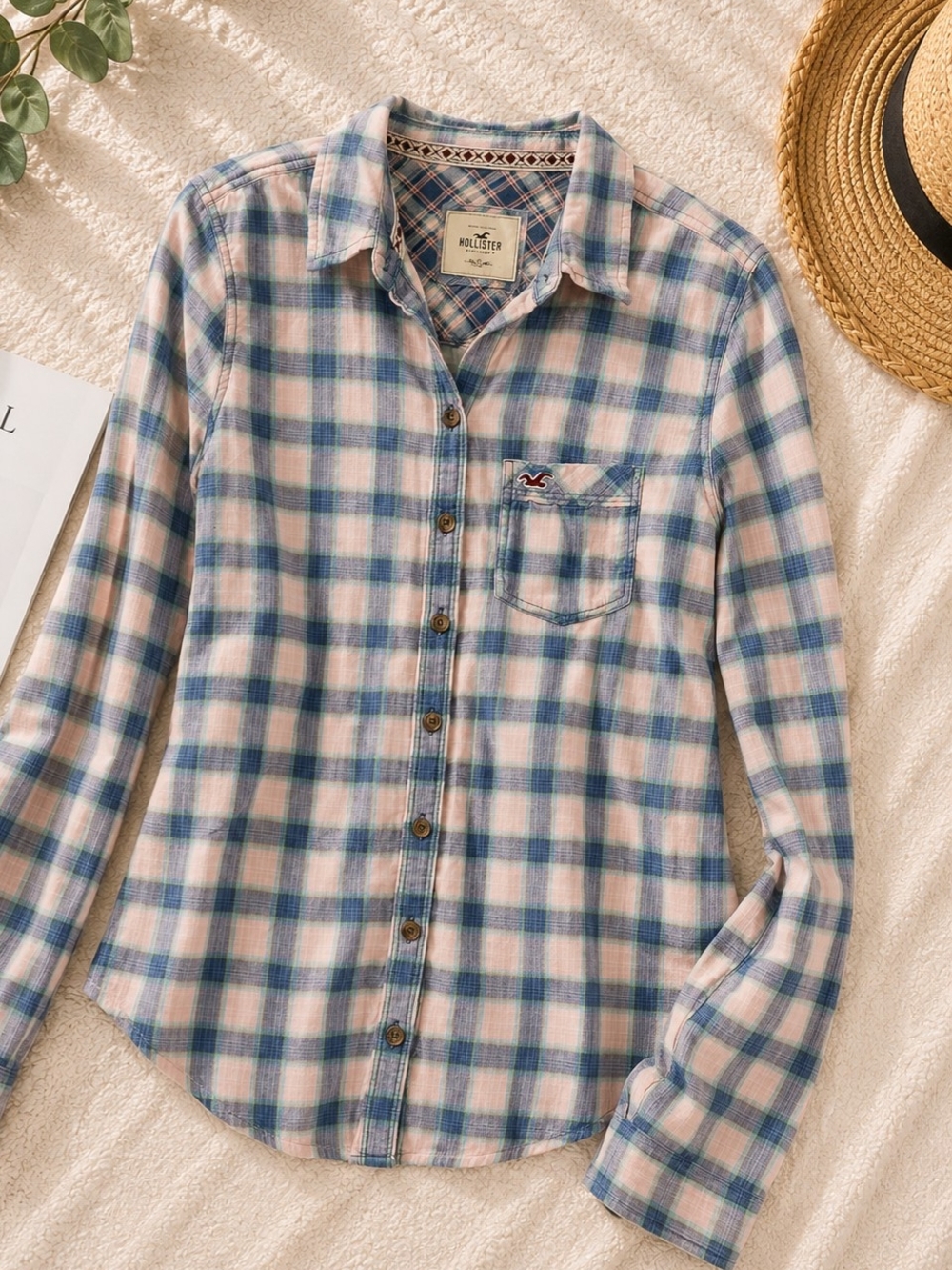 Hollister Blue and Cream Plaid Long-Sleeve Button-Down Shirt